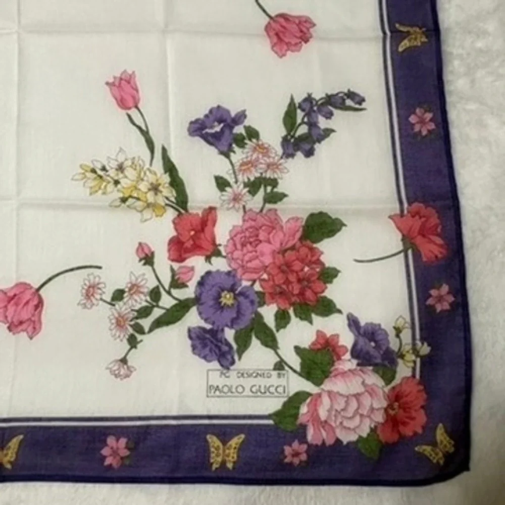 Vtg PAOLO GUCCI Scarf Handkerchief Floral Butterfly White Purple 16.5